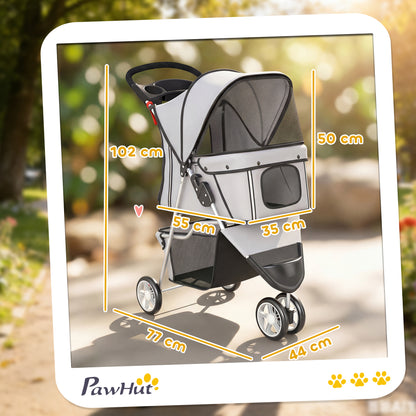 Dog Stroller, 3 Wheels Foldable Pet Stroller with Adjustable Canopy, Storage Basket for Small Mini Breeds, Grey