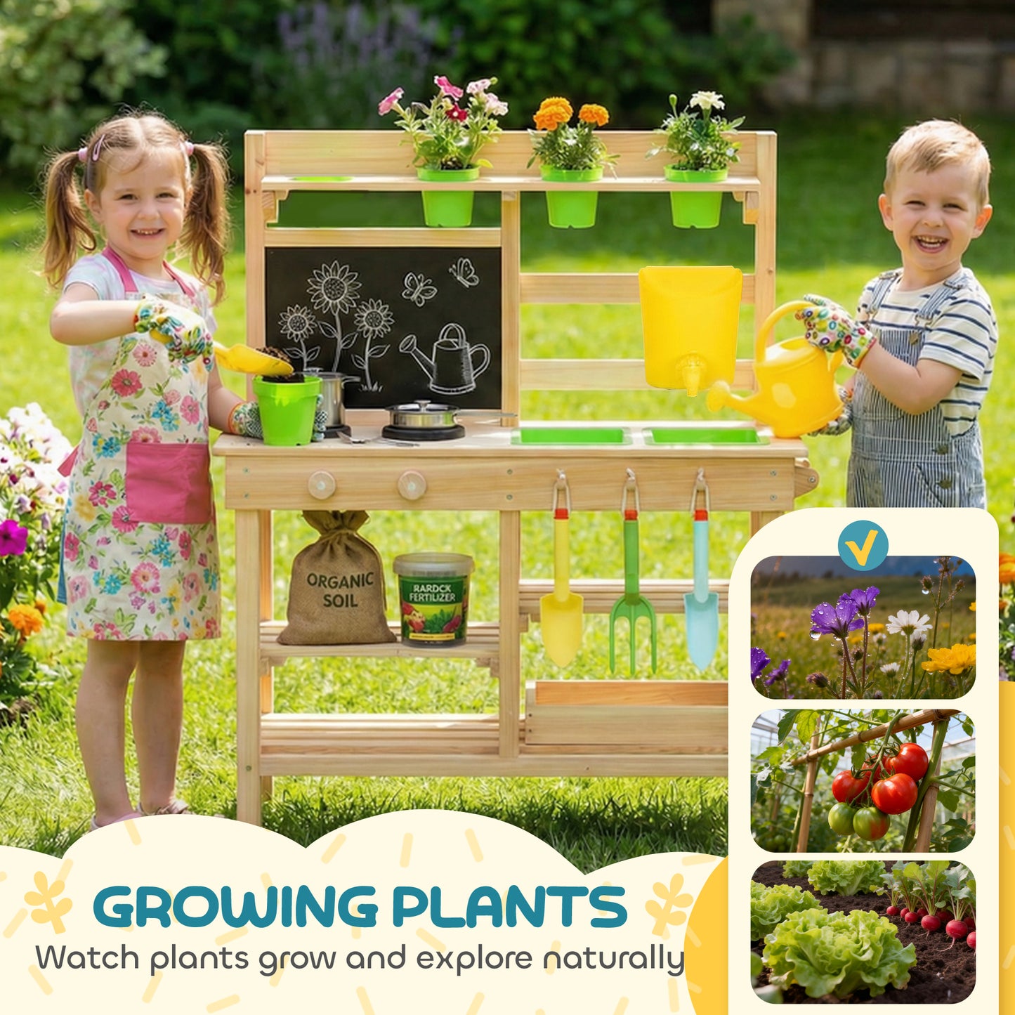 Kids Mud Kitchen, Outdoor Wooden Play Kitchen with Kitchenware & Garden Tools, Pretend Play Outdoor Toys, Natural