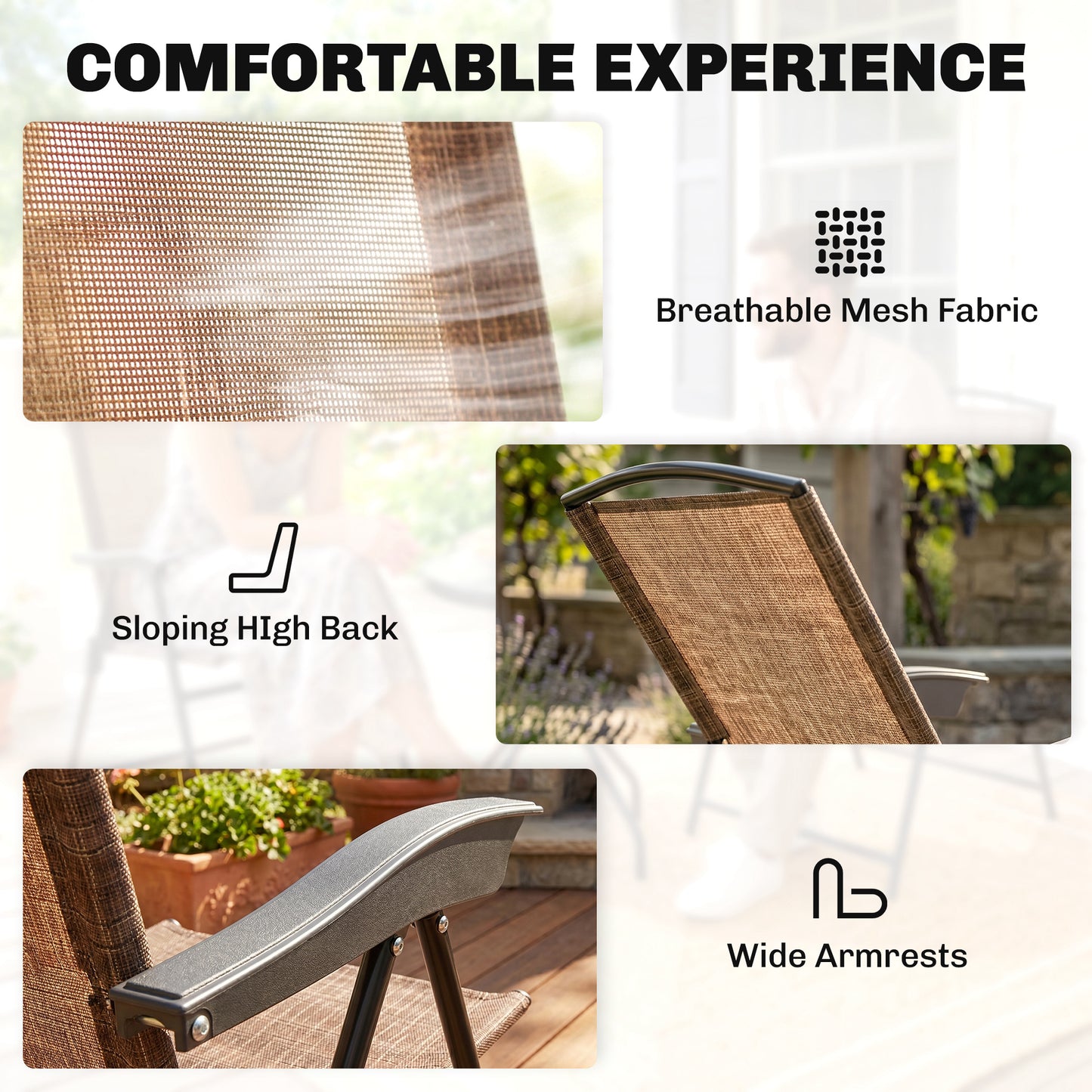 3 Piece Outdoor Bistro Set, Patio Conversation Furniture Set with 2 Folding Backrest Adjustable Armchairs and Glass Top Coffe
