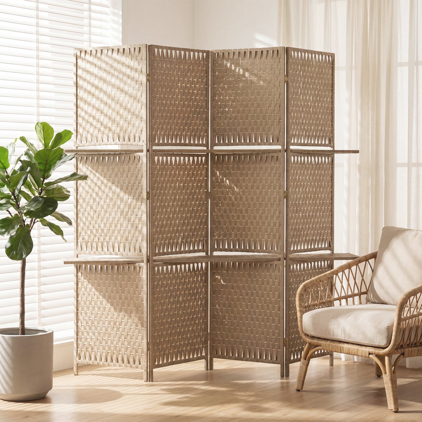 Wave Fibre Freestanding Folding Privacy Screen Panels, Room Divider, Natural Wood Finish