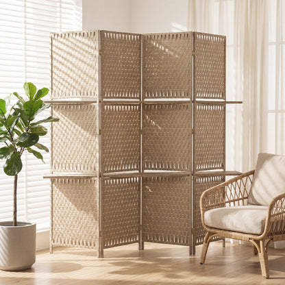 Wave Fibre Freestanding Folding Privacy Screen Panels, Room Divider, Natural Wood Finish
