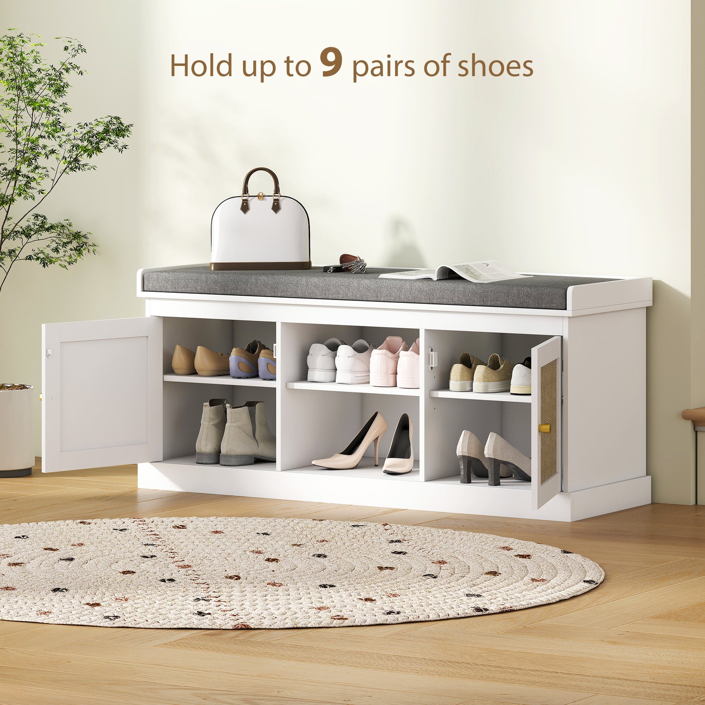 Boho Shoe Storage Bench with Padded Cushion and Rattan Doors - White