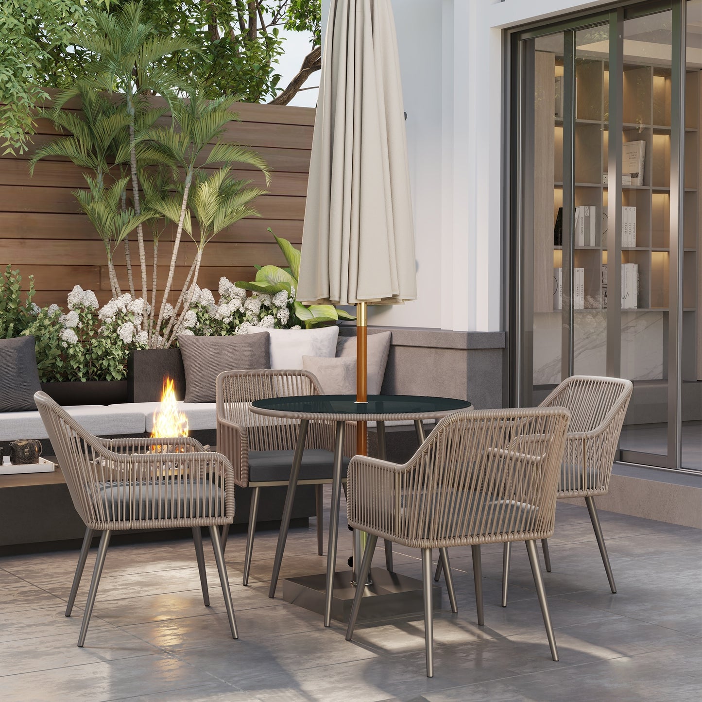 4 Seater Rattan Dining Set, Rattan Garden Furniture Set with Parasol Hole, Outdoor Dining Table and Chairs Set with Cushions