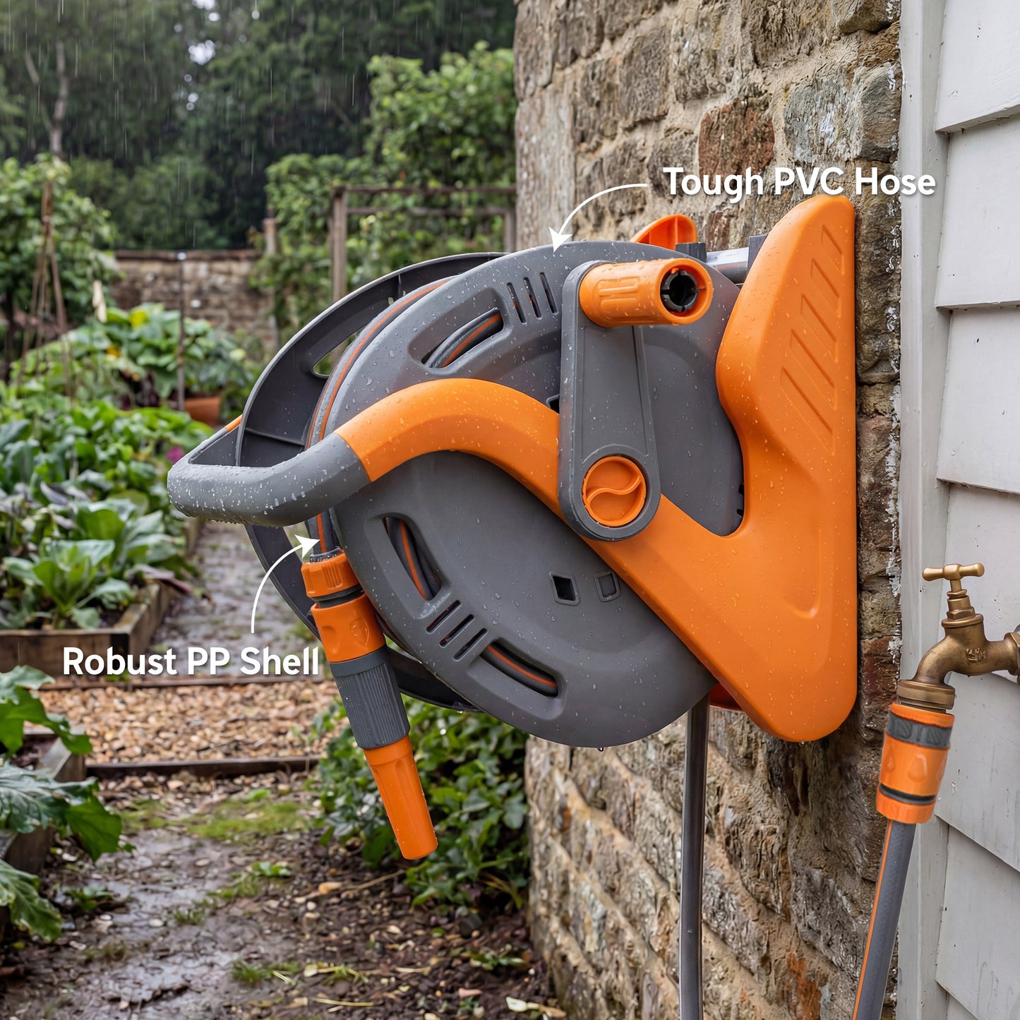 Portable Garden Hose Reel, 20+2 m Wall Mounted Hose Reel with 2 Patterns Spray Nozzle and Crank Handle, Orange