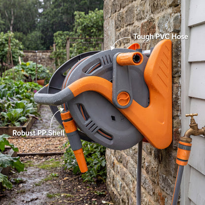 Portable Garden Hose Reel, 20+2 m Wall Mounted Hose Reel with 2 Patterns Spray Nozzle and Crank Handle, Orange