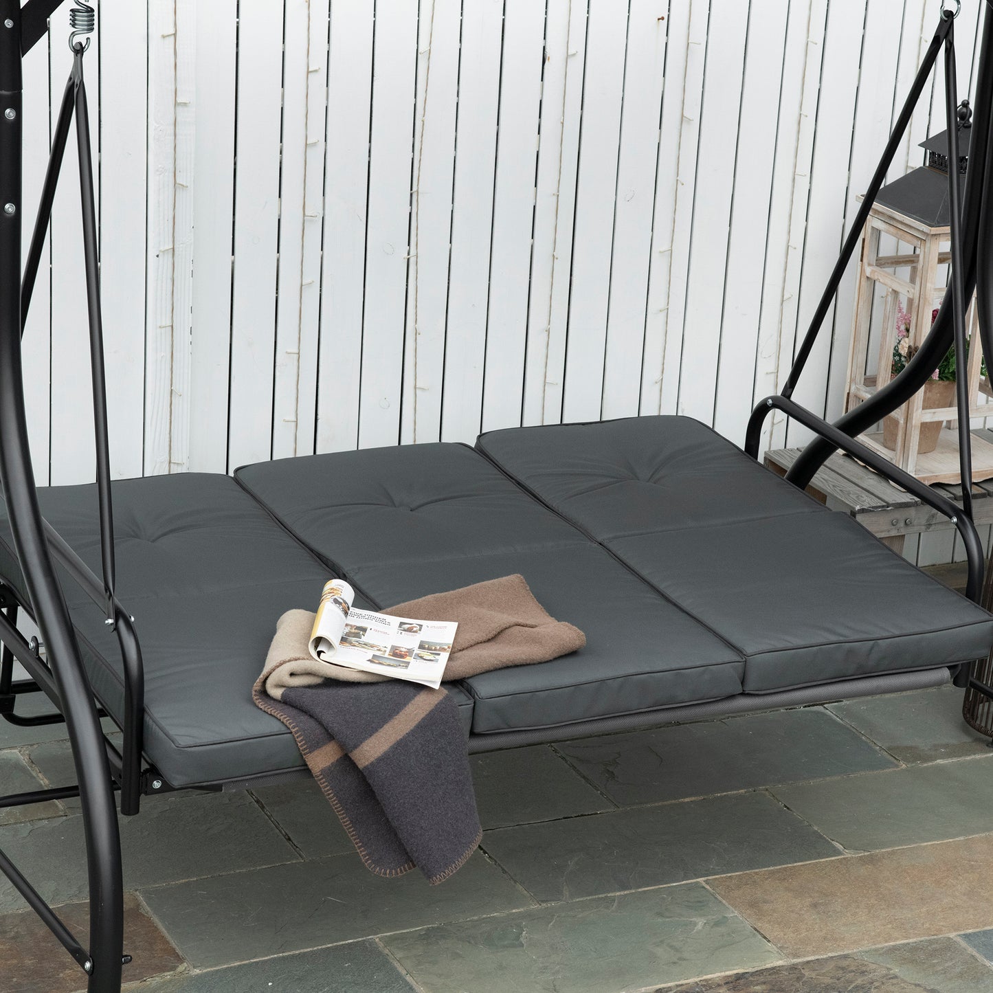 3 Seater Garden Swing Chair, 2 in 1 Convertible Patio Swing Seat Bed with Adjustable Canopy, Cushions and Metal Frame