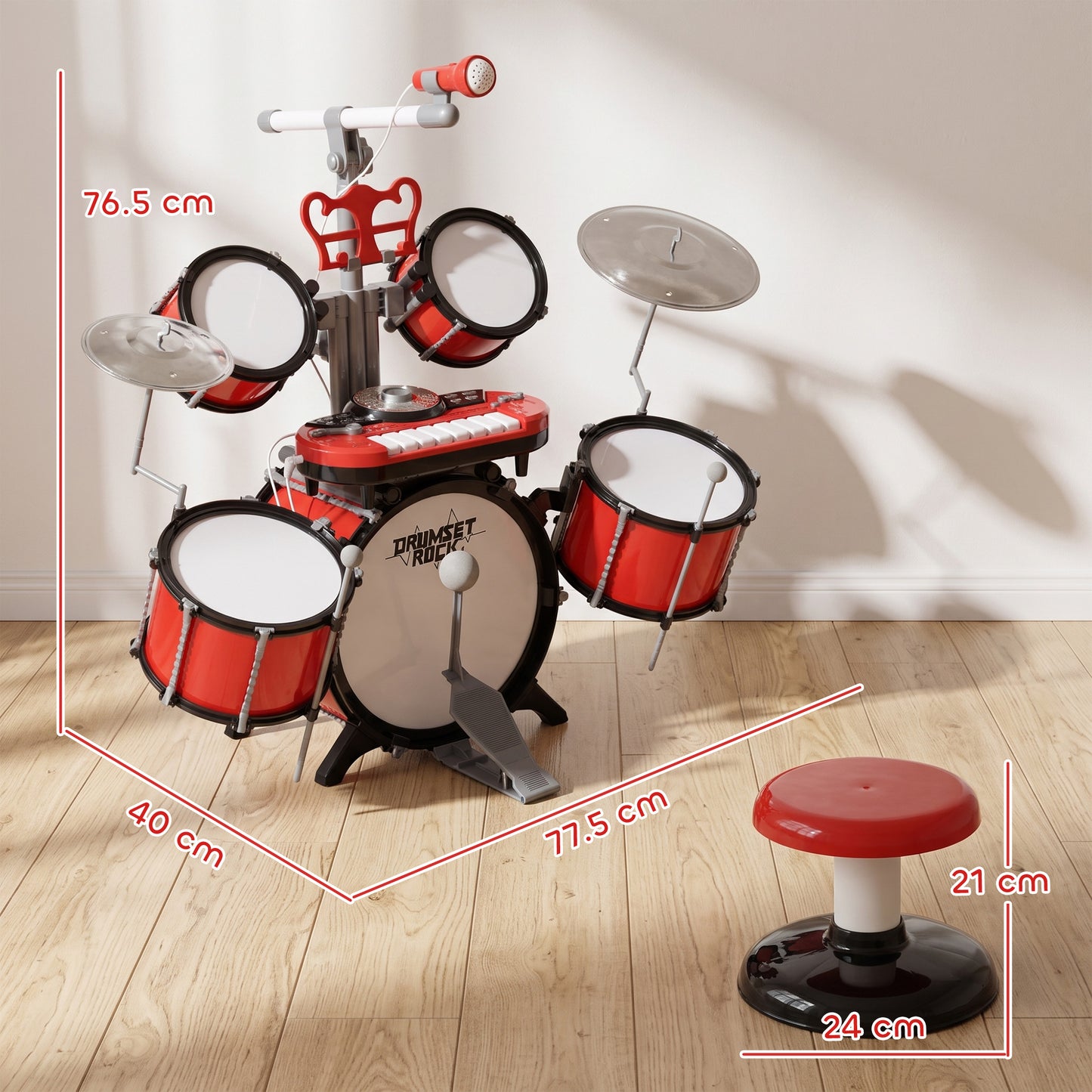 Kids Drum Set for Beginners, Drum Kit with Toy Microphone, Cymbal, Pedal & Drumsticks, Educational Musical Toy, Red