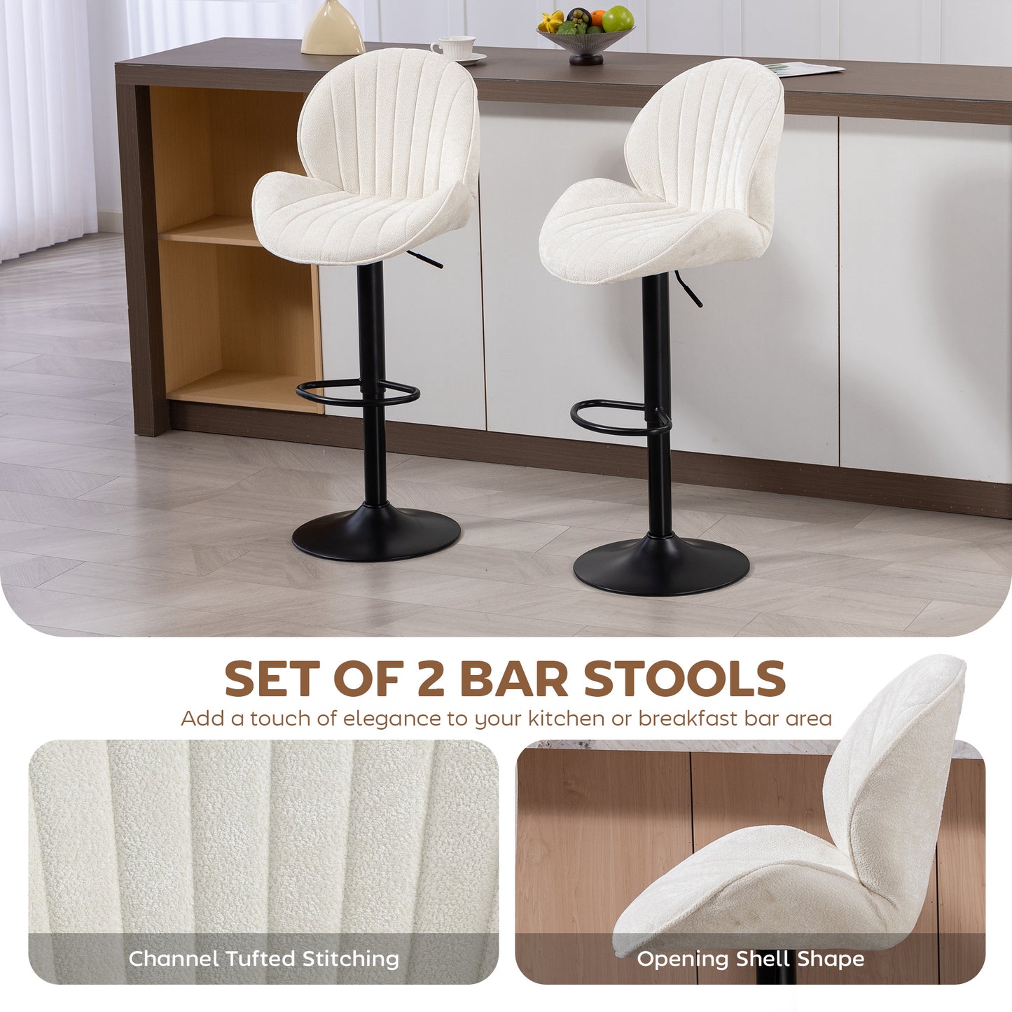 Bar Stools Set of 2, Swivel Barstools with Back, Adjustable Height and Footrest for Kitchen Island, Dining Room, Cream