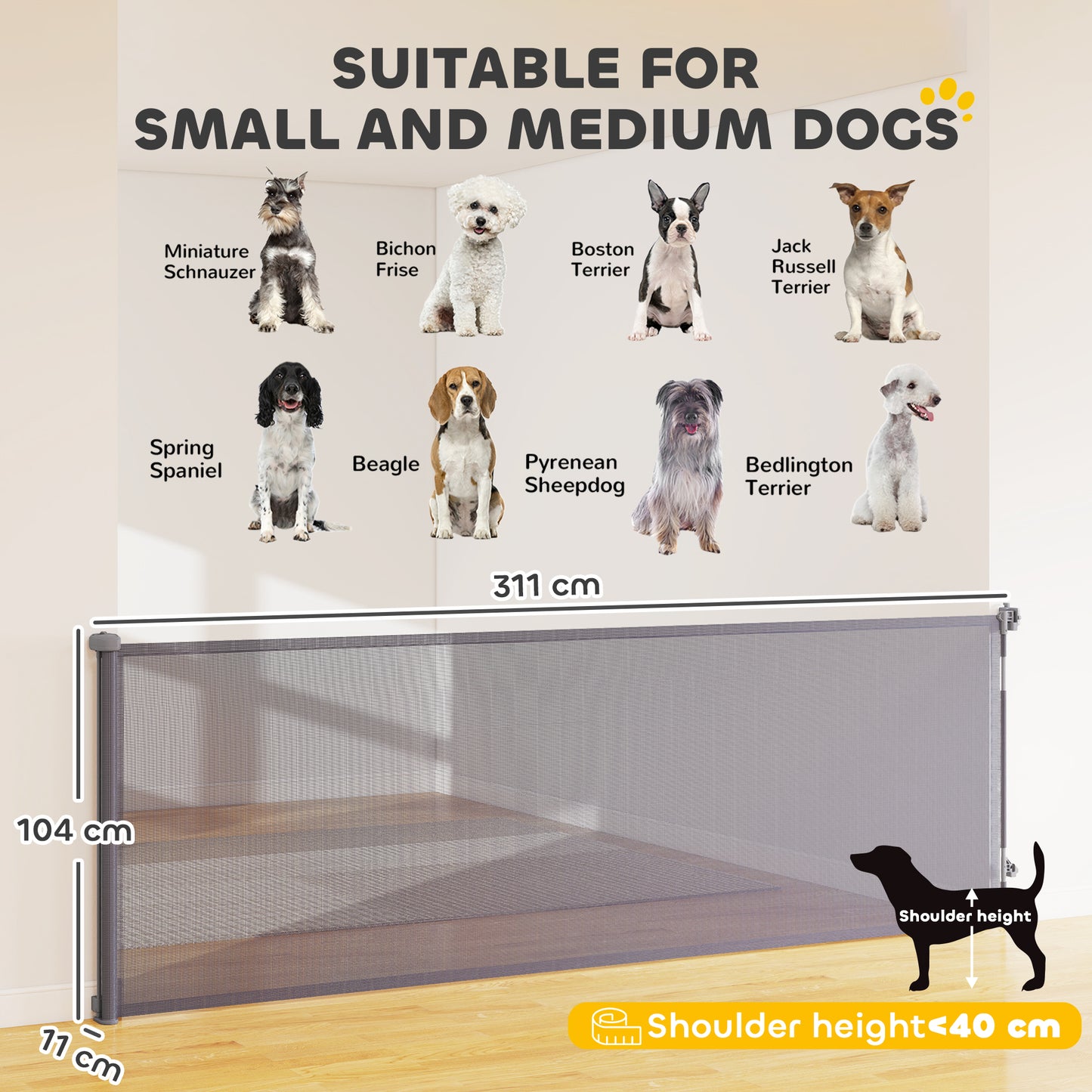 Retractable Dog Gate, Extends to 300 cm Wide & 104 cm Tall, Mesh Pet Gate Single Hand Operation, for Stairs Doorways