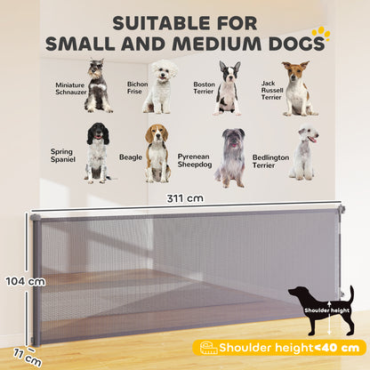 Retractable Dog Gate, Extends to 300 cm Wide & 104 cm Tall, Mesh Pet Gate Single Hand Operation, for Stairs Doorways