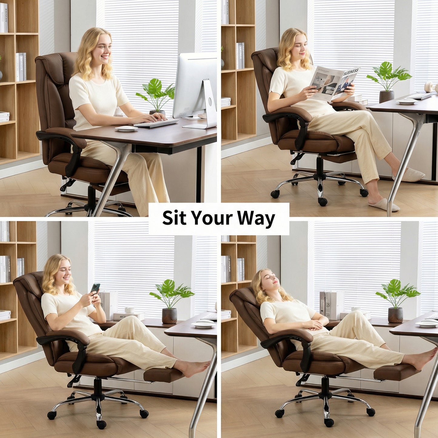 155° Reclining Faux Leather Swivel Office Chair - Brown