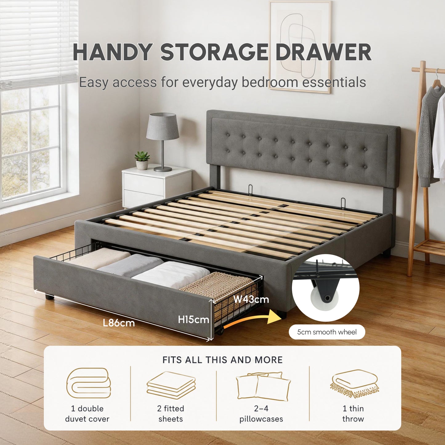 King Size Ottoman Bed Frame, with Front Drawer - Grey
