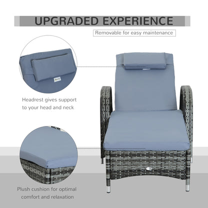 Garden Rattan Furniture Single Sun Lounger Recliner Bed Reclining Chair Patio Outdoor Wicker Weave Adjustable Headrest