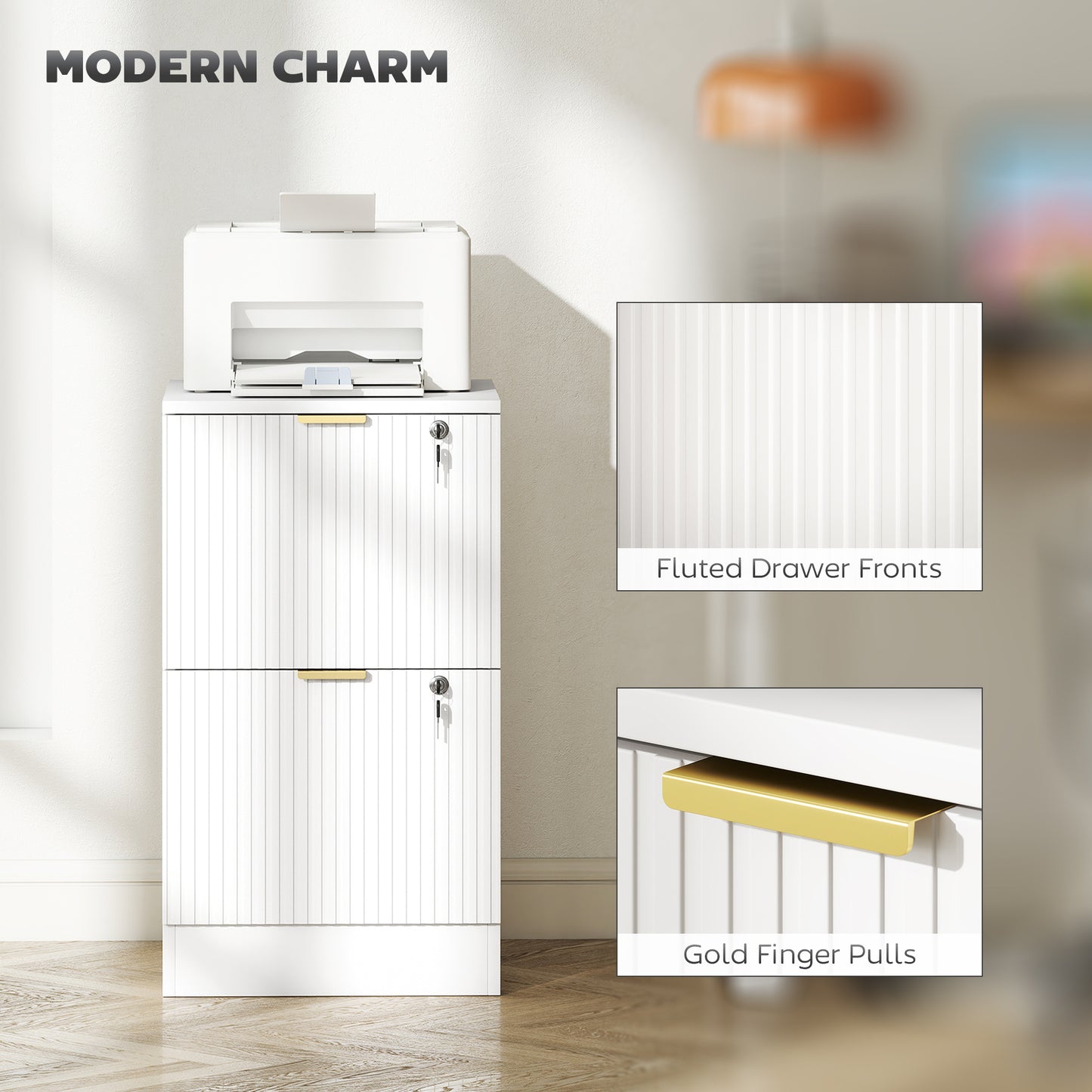 Filing Cabinet, Fluted Vertical File Cabinet with 2 Lockable Drawers and Hanging Rails, White