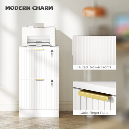 Filing Cabinet, Fluted Vertical File Cabinet with 2 Lockable Drawers and Hanging Rails, White