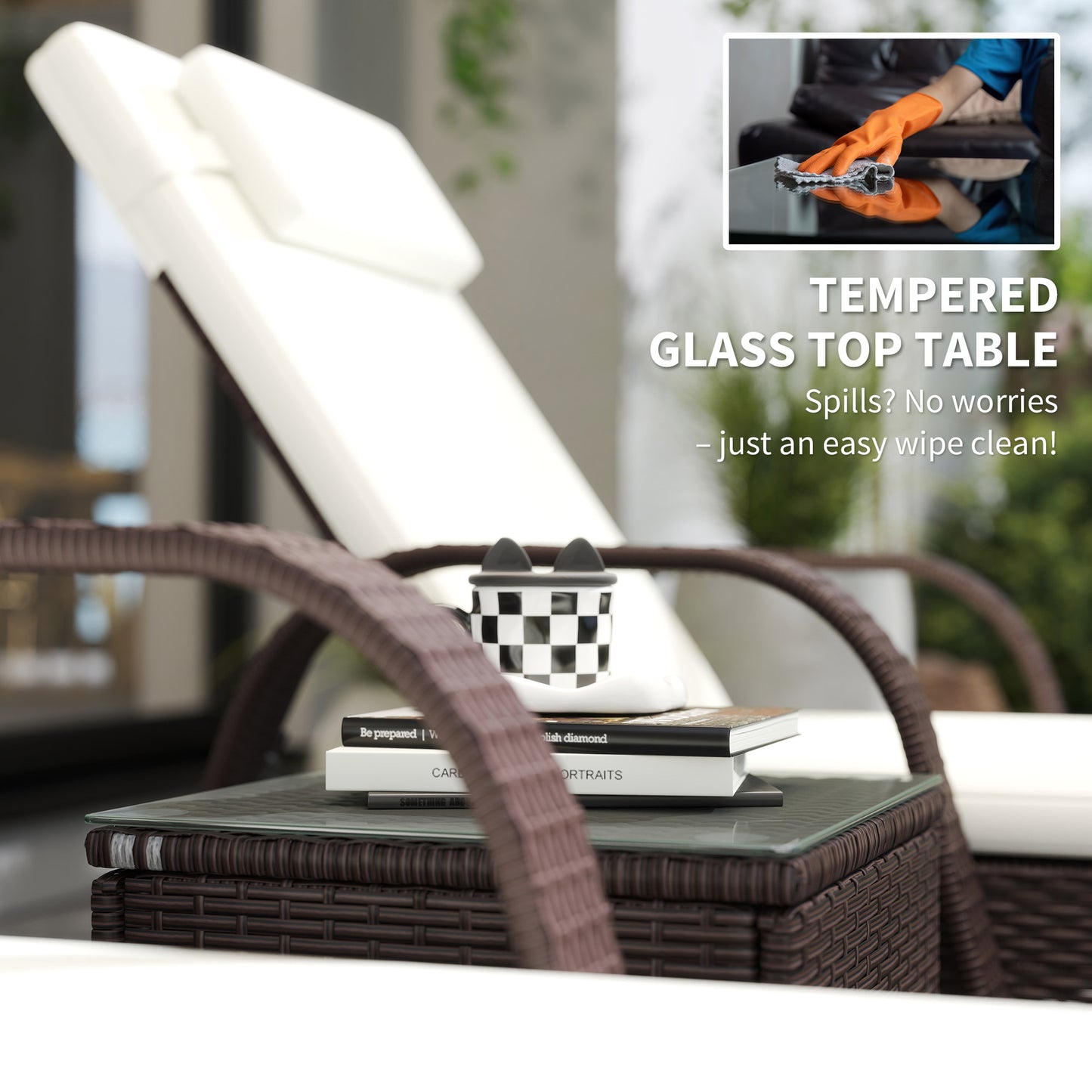 Rattan Sun Loungers Set of 2 with Side Table, 3-Piece Garden Furniture Set