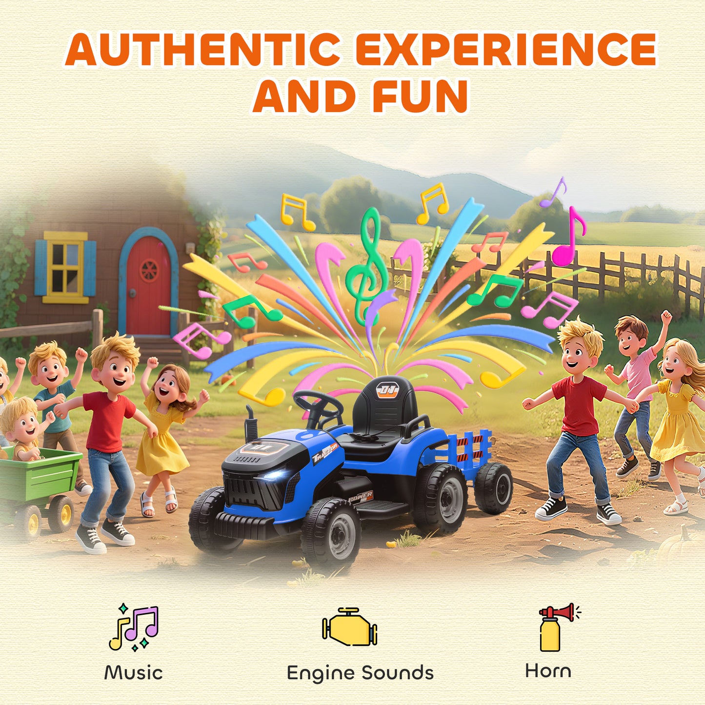12V Ride on Tractor and Trailer with Remote Control, Music, Shifter, Start-Up Sound, for Kids Ages 3-8 Years, Blue