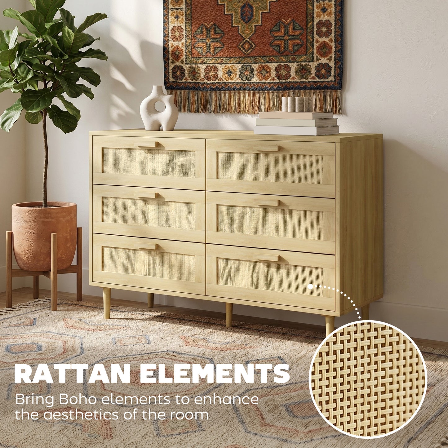 Chest of Drawers, 6-Drawer Dresser, Tall Storage Drawer Unit with Rattan Element for Bedroom, Living Room, Oak