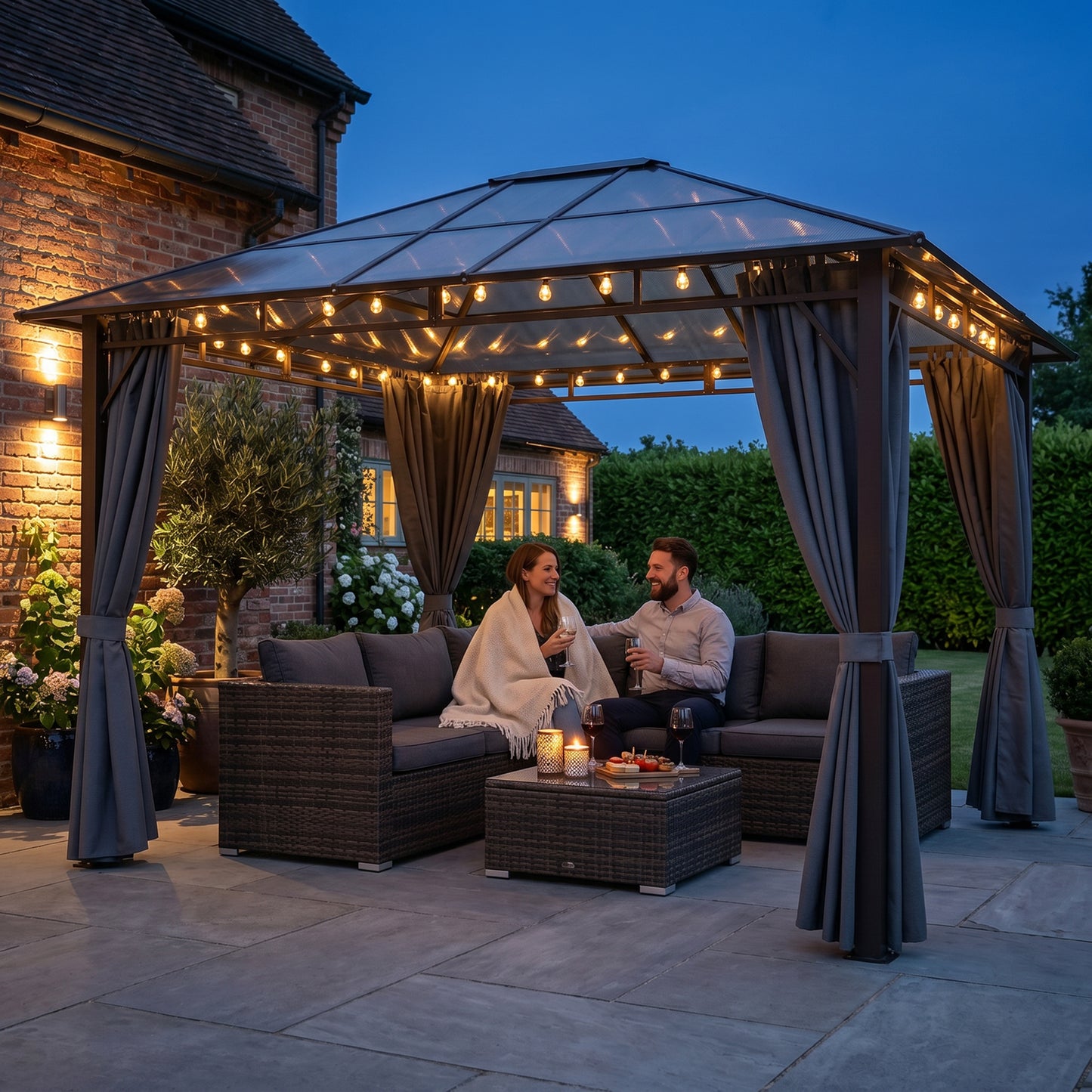 3 x 3.6m Hardtop Gazebo Canopy with Polycarbonate Roof Garden Pavilion with Removable Curtains and Steel Frame, Dark Grey