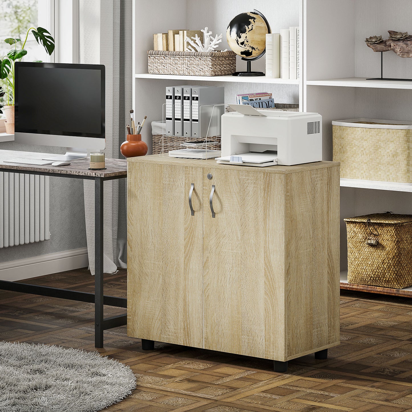 Two-Tier Locking Office Storage Cabinet - Oak