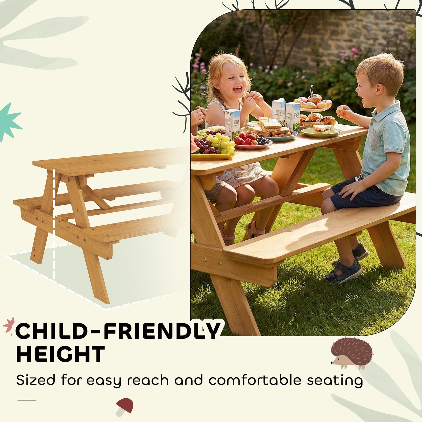 Kids Picnic Table for Outdoor Wooden Table & Bench Set with Integrated Benches Natural Wood