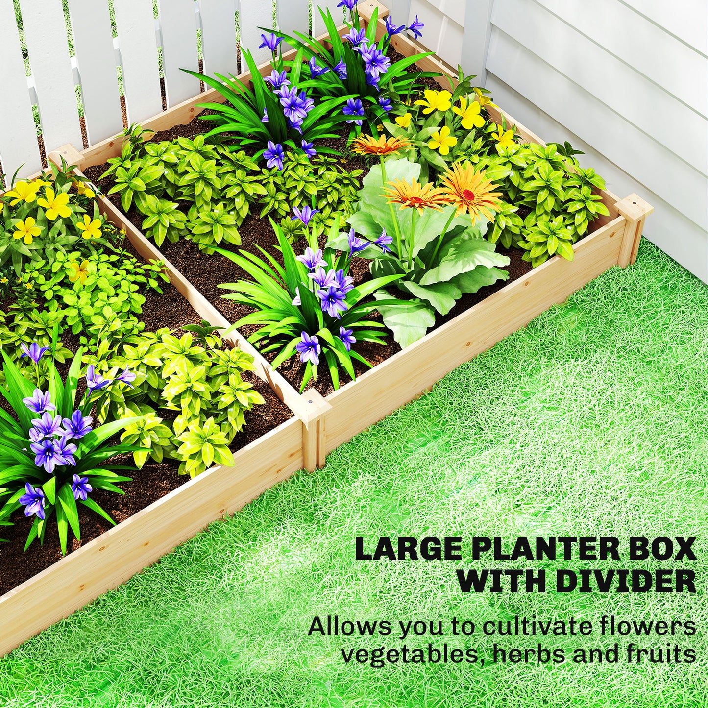 Raised Garden Bed, Wooden Planter Box with Divider and Open Bottom for Flowers, Herbs, Vegetables, DIY Painting