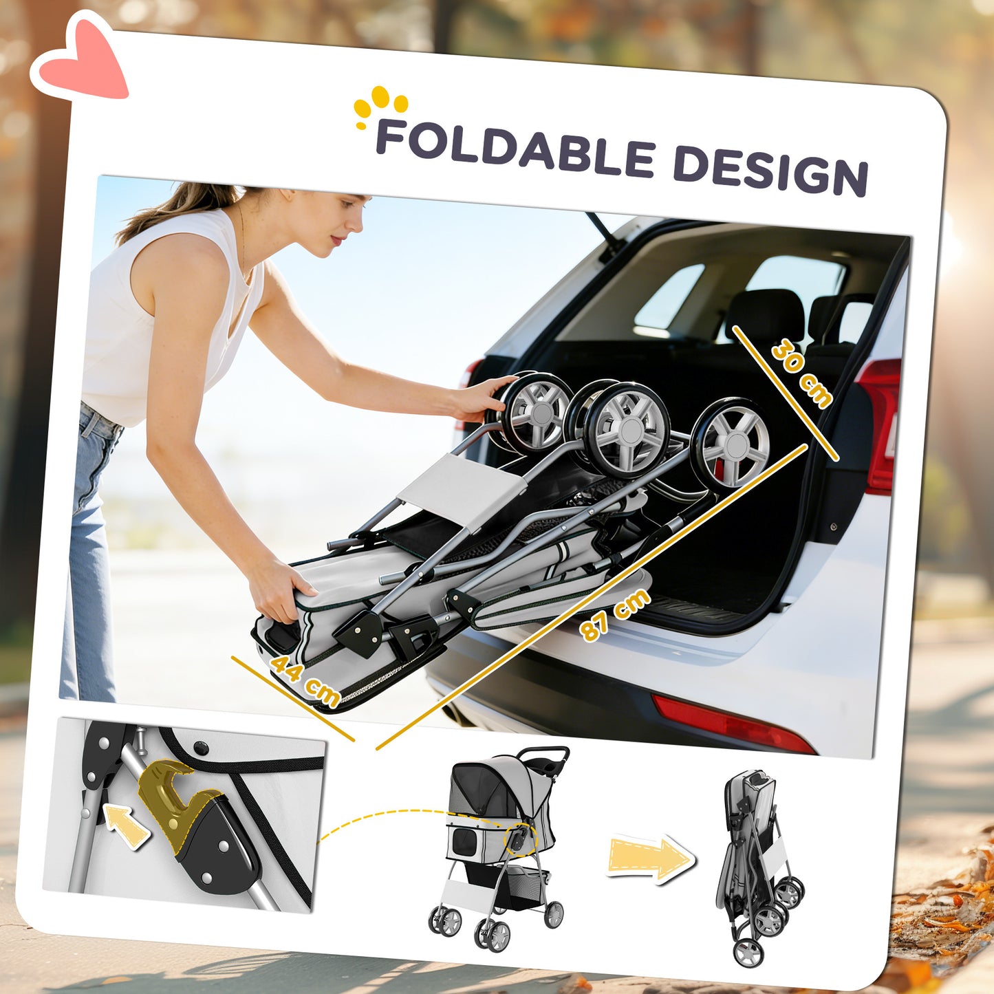 Dog Pram, Pet Stroller with Reflective Strips, Foldable Cat Stroller with 360° Swivel Wheels, Grey
