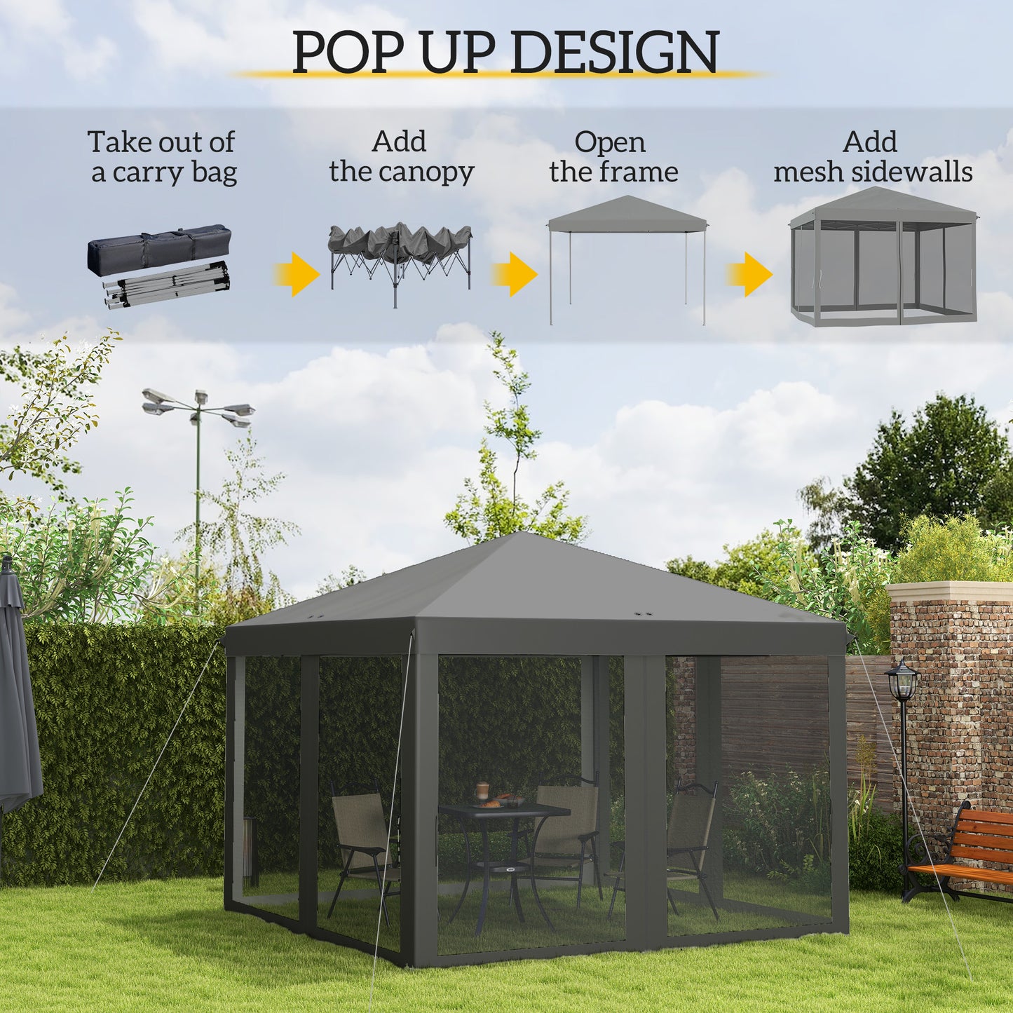 3 x 3 m Pop Up Gazebo, 420D Garden Tent Canopy with Removable Mesh Sidewall Netting, Carry Bag for Garden Patio Outdoor