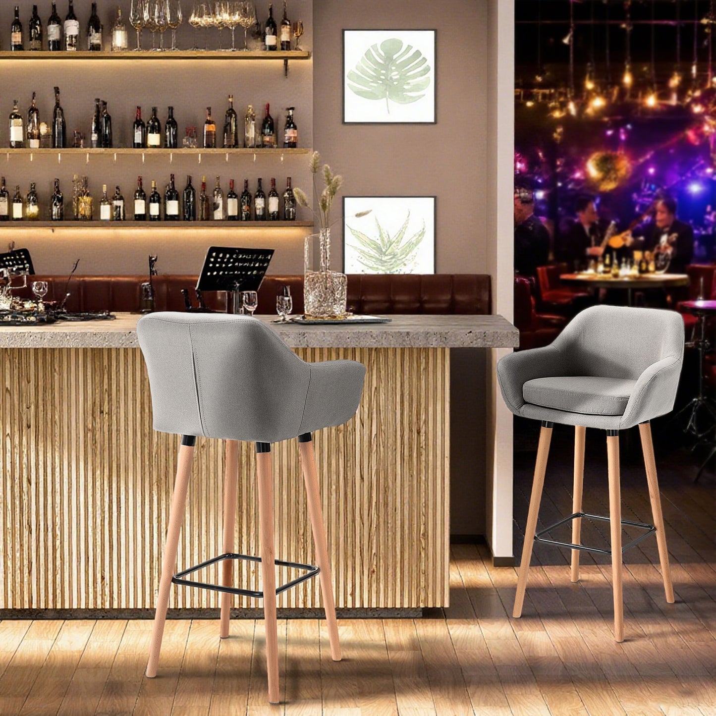 Set of 2 Bar Stools Modern Upholstered Seat Bar Chairs w/ Metal Frame