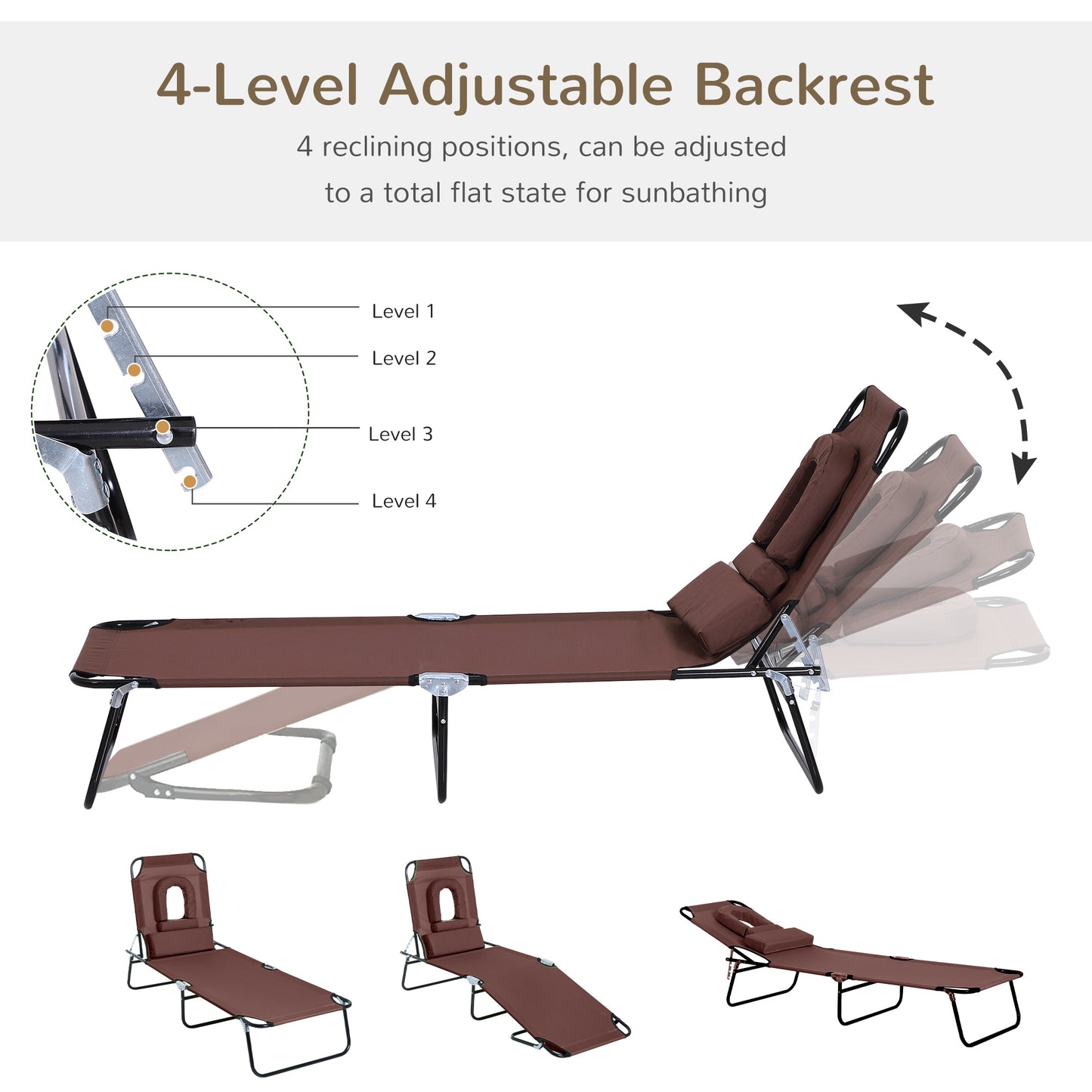 Folding Sun Lounger with Face Hole, 4-Position Adjustable Backrest Garden Recliner Chair Sunbed, Outdoor Lounge Chair