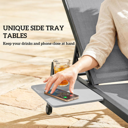 Sun Loungers Set of 2 with Side Tray Table, Garden Recliners with 5-Position Adjustable Backrest, 2 Wheels, Grey