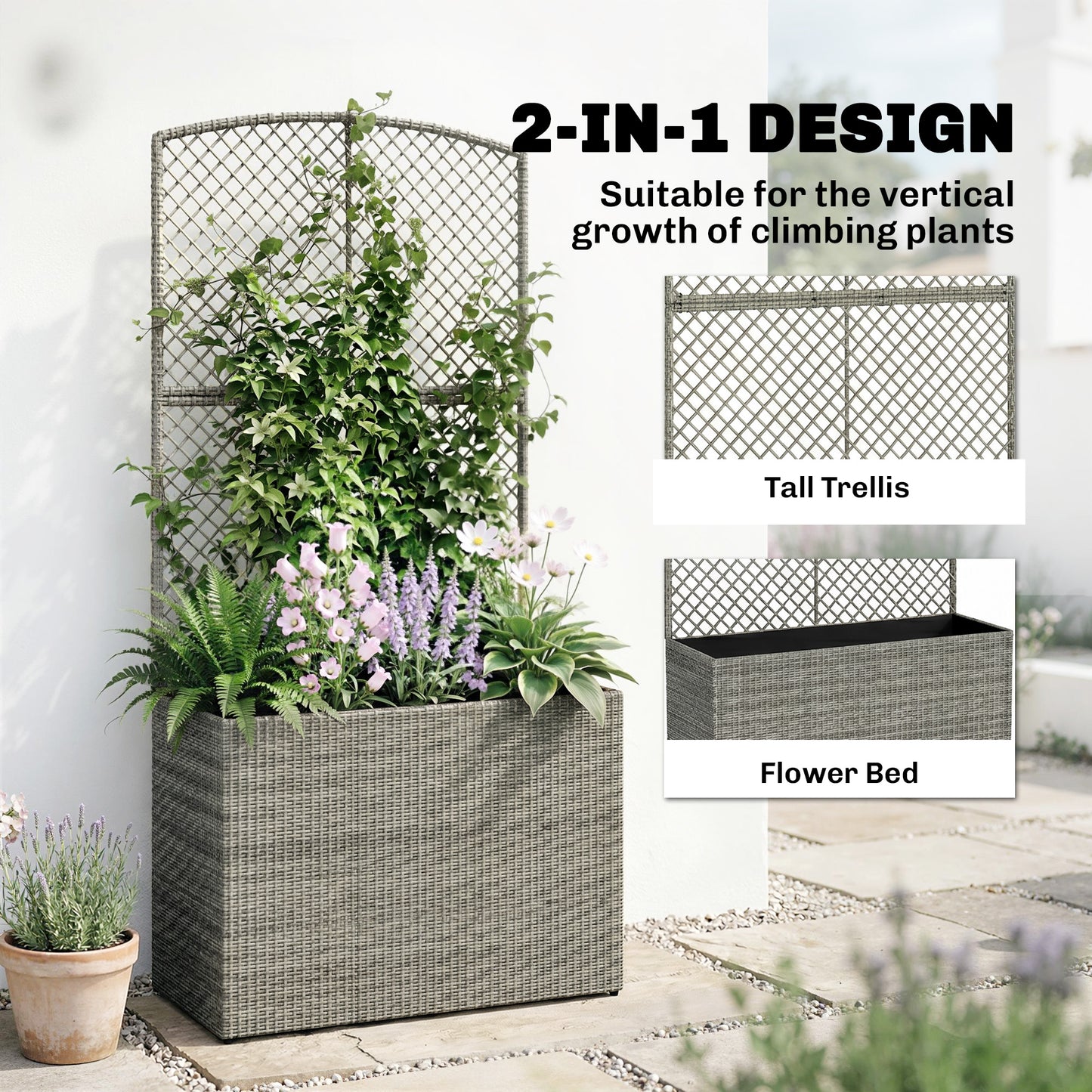 Rattan Planter with Trellis, Raised Beds for Garden with Liner for Climbing Plants Vegetables Flowers, Dark Grey