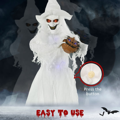 74 Inch Halloween Decorations White Witch Holding Pumpkin Head, Standing Skeleton Ghost Prop Life Size