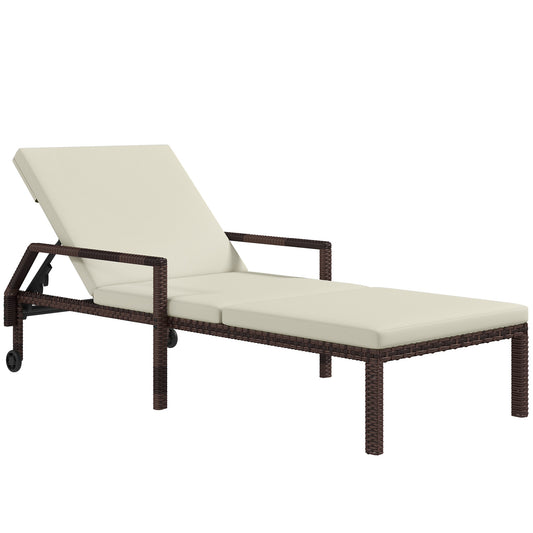 Outdoor Sun Lounger, Rattan Wicker Chaise Recliner with 5-Level Adjustable Backrest and 2 Wheels