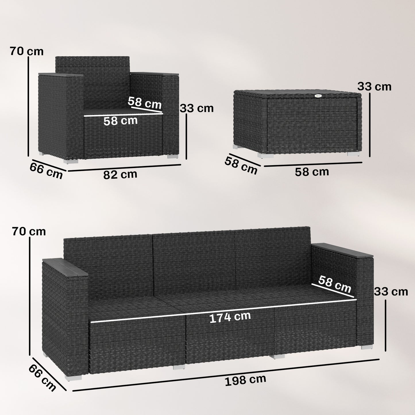 5 Seater Rattan Garden Furniture Set with Wide Armrests, Cushions, Pillows for Patio, Dark Grey