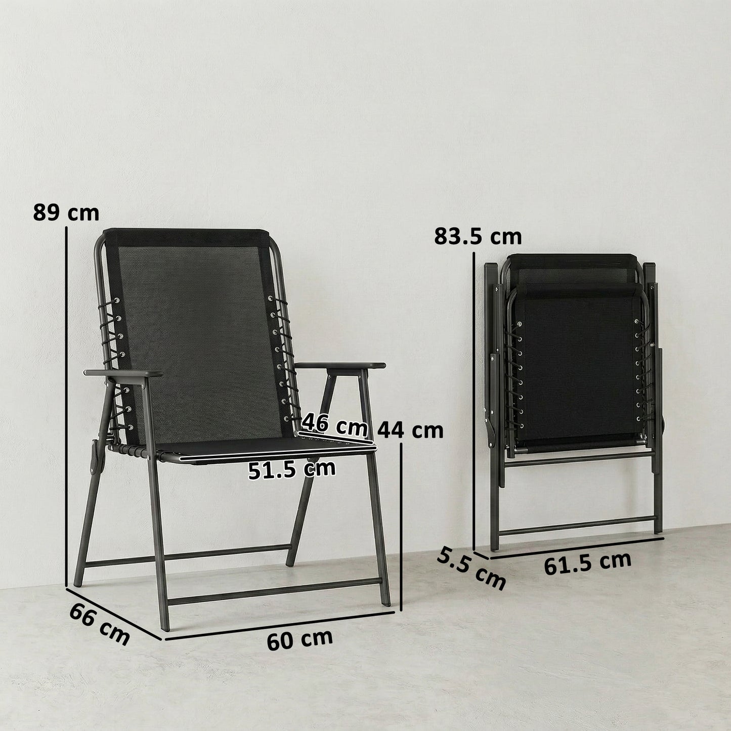 Folding Garden Chairs Set of 2, Outdoor Dining Chairs with Wide Texteline Seat, High Back and Armrests, Black