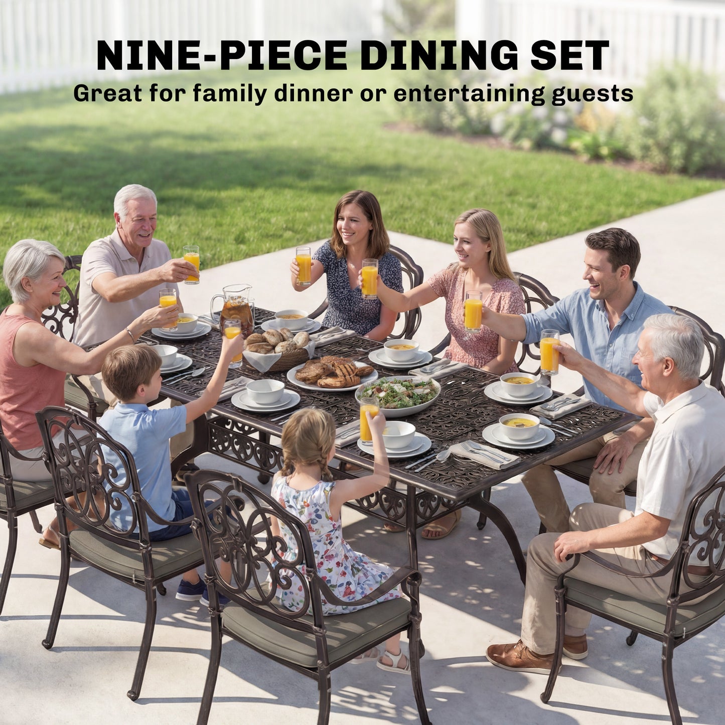 9 Piece Cast Aluminium Garden Dining Set, Garden Table and Chairs Set with Cushions, Parasol Hole for Patio, Bronze Tone