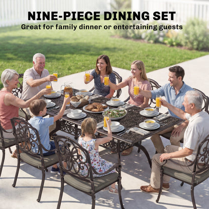 9 Piece Cast Aluminium Garden Dining Set, Garden Table and Chairs Set with Cushions, Parasol Hole for Patio, Bronze Tone