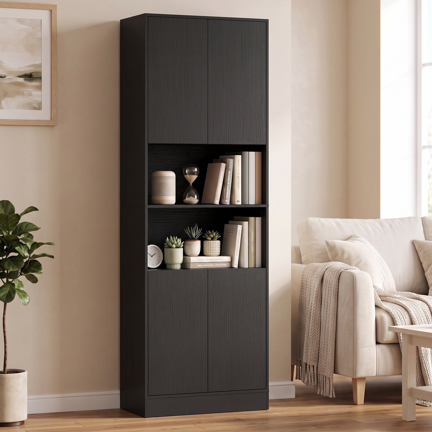 170 cm Kitchen Pantry Cabinet, Freestanding Storage Cabinet with Soft-Close Hinges, Black Wood Effect