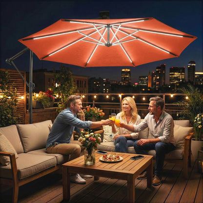 3 m Garden Cantilever Parasol with LED Solar Light, Round Overhanging Umbrella with 360° Rotation, Cover, Orange