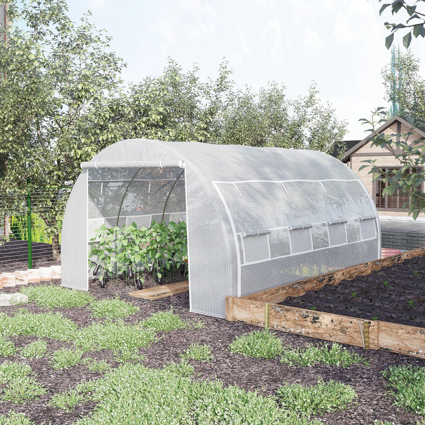 4 x 3 x 2 m Polytunnel Greenhouse with Roll-up Side Walls, Walk-in Grow House Tent with Steel Frame, Reinforced Cover