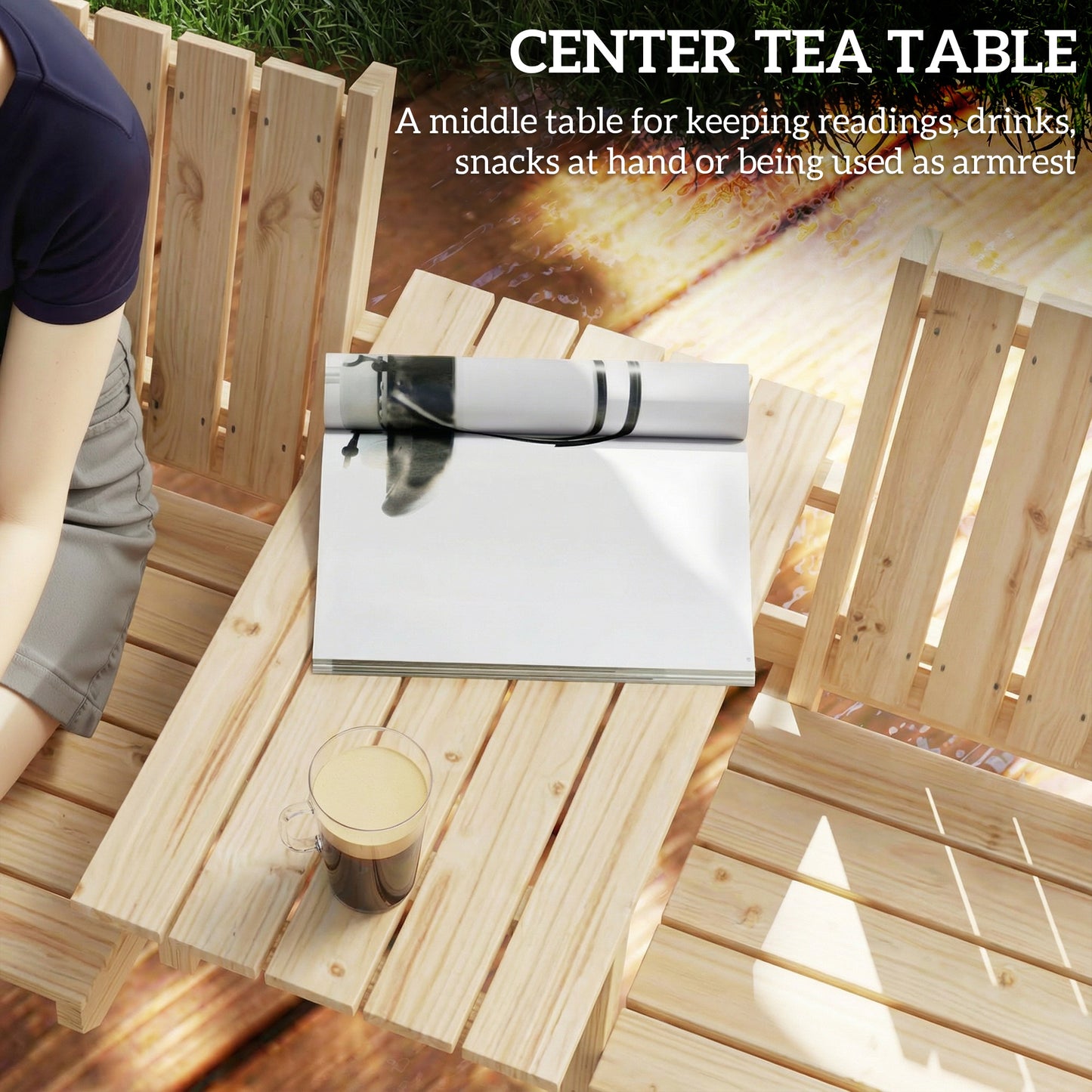2-Seater Garden Loveseat with Table and Parasol Hole for Porch, Patio, Natural Wood Finish