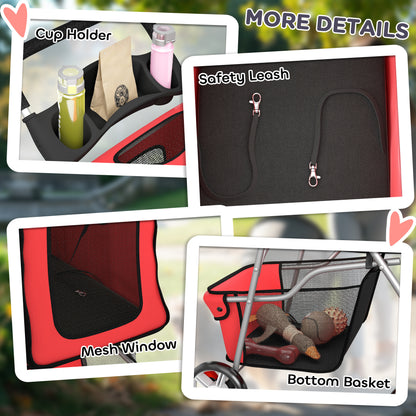 Dog Pram, Pet Stroller with Reflective Strips, Foldable Cat Stroller with 360° Swivel Wheels, Red