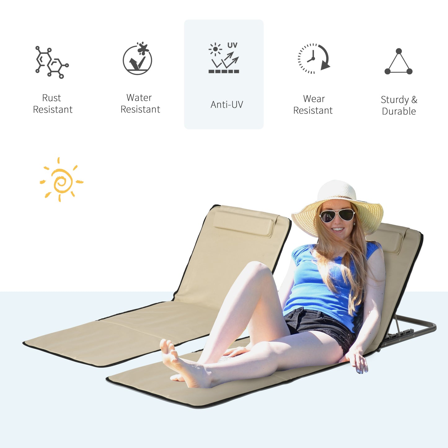 Set of 2 Foldable Garden Beach Chair Mat Lightweight Outdoor Sun Lounger Seats Adjustable Back Metal Frame PE Fabric Head Pil