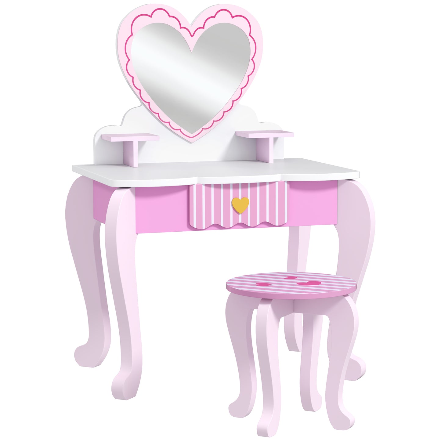 Kids Dressing Table Set, Vanity Table with Stool, Mirror, Drawer, Desktop Storage, Heart Theme, Pink
