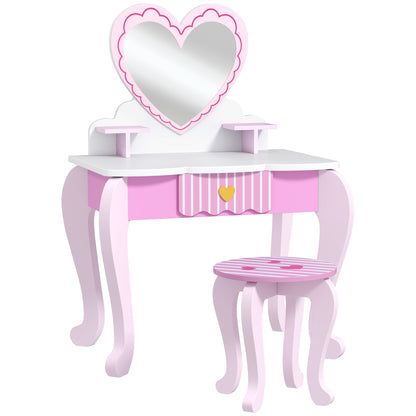 Kids Dressing Table Set, Vanity Table with Stool, Mirror, Drawer, Desktop Storage, Heart Theme, Pink