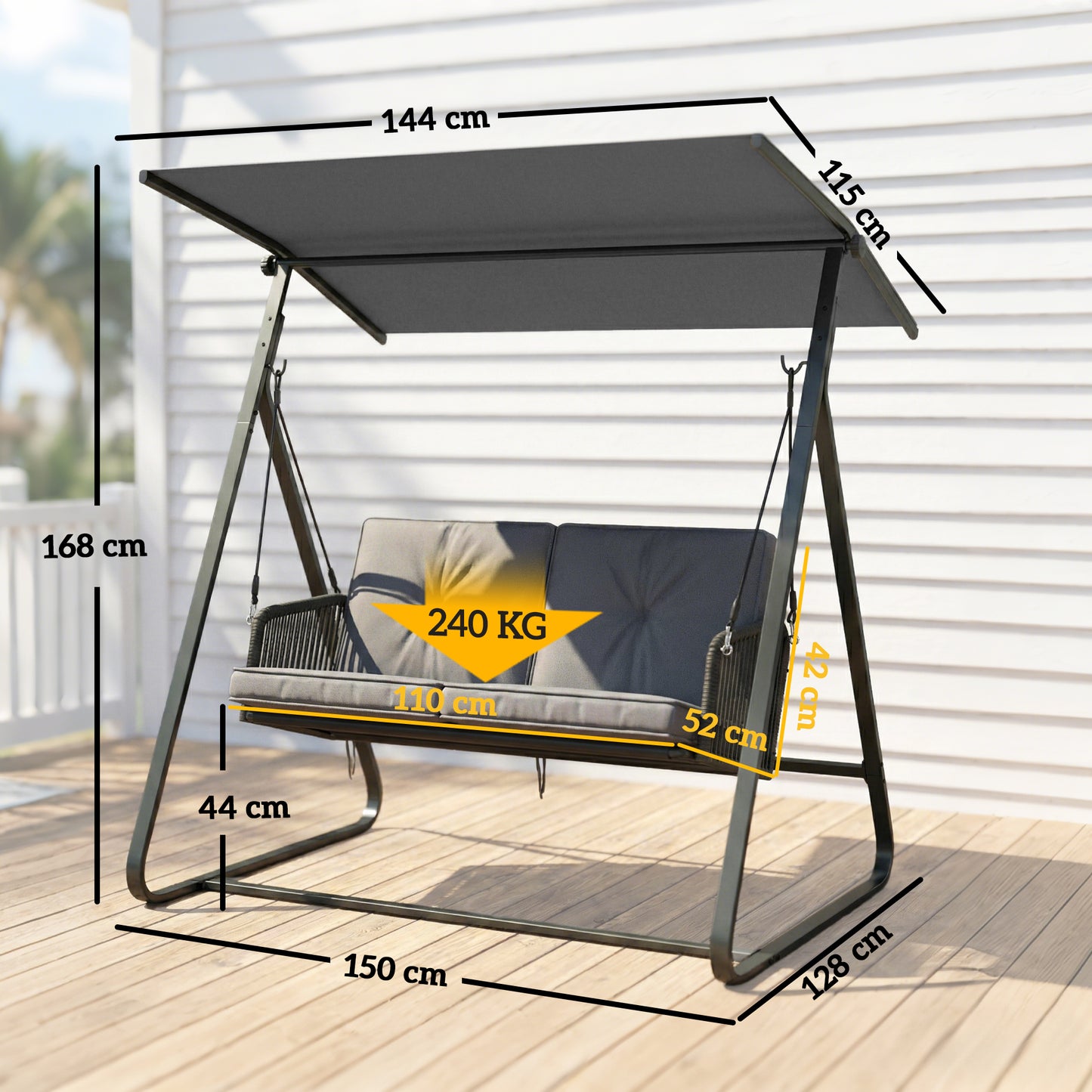 2-Seater Rattan Swing Chair, Outdoor Garden Hanging Swing Seat with Stand, Adjustable Canopy and Soft Cushions