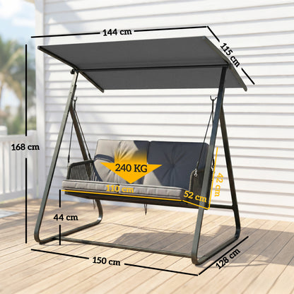 2-Seater Rattan Swing Chair, Outdoor Garden Hanging Swing Seat with Stand, Adjustable Canopy and Soft Cushions