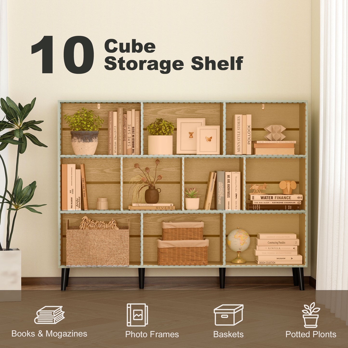 10-Cube Bookcase, 3-Tier Book Shelf with Solid Wood Legs, 140 cm Modern Bookshelf with Anti-Tip Kit, Light Green