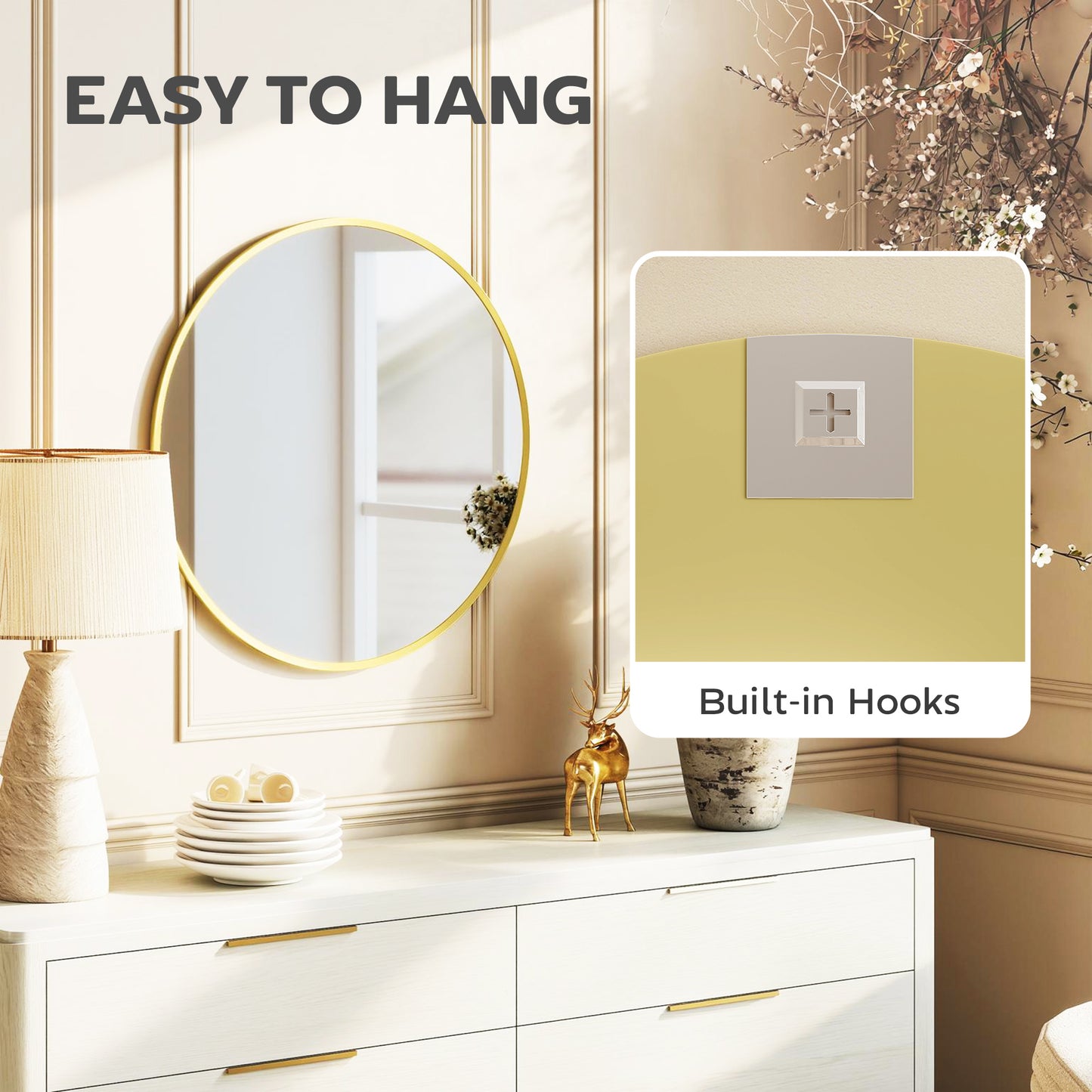 61cm Decorative Wall Mirror for Bedroom Living Room, Modern Round Bathroom Mirror for Home Decor, Gold Tone